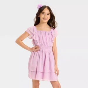 Girls' Floral Tiered Clip-Dot Chiffon Dress